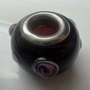 925 Sterling Silver Murano Glass Bead Slide Charm Garnet Purple Pink Roses Italy - Picture 1 of 10