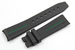 Black Silicone Strap Green Stripe 20/18mm Luxury Watch Waterproof Buckle - Picture 1 of 6