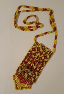 Satchel Beaded Red & Yellow Crossbody Fringed Bells on Closure 28" Handmade 5x3" - Picture 1 of 8