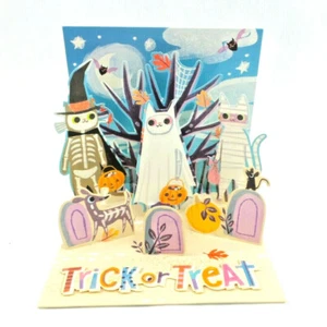 Happy Halloween Greeting Card 3D Pop Up Skeleton Cats Treasures Up With Paper - Picture 1 of 6