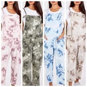 Ladies Womens Tie Dye Dungarees Jumpsuit 3/4 Length BNWT - Picture 1 of 19