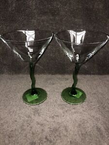 Libbey Courbe Martini Glasses Wavy Green Stems Crooked Zig Zag Barware Set of 2