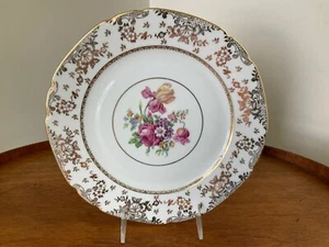 "Plato de cena Checoslovaquia VICTORIA China oro y flores multicolores 10""" - Imagen 1 de 11