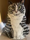 Cats By Nina Vase - Large Tabby  11.5” Tall Cat Gray Black W/ Green Eyes