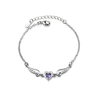 Pulsera 7.5" Mujer Niña Ala de Ángel Púrpura Circonita Circonita Corazón Cadena Tono Plata Regalo B14 Foto 1 de 2