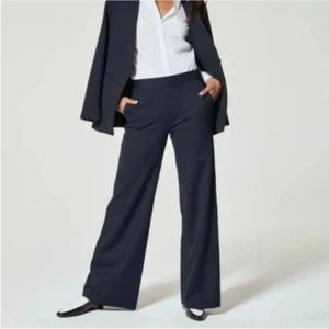 Pantaloni eleganti donna piccoli nuovi senza etichette SPANX blu navy gessato vita alta gamba larga - Foto 1 di 16