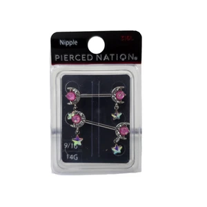 Cubic Zirconia Pink Moon Star Dangle Nipple Barbells Piercing 14 Gauge - Picture 1 of 3
