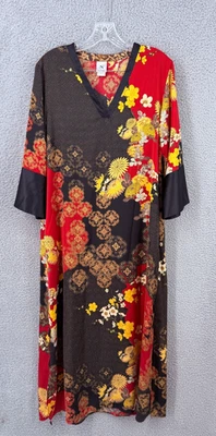 Camisón Natori para mujer caftán talla pequeña rojo negro floral satinado manga 3/4 Foto 1 de 4