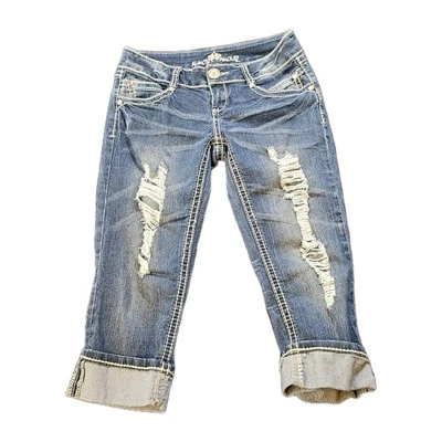 Pantalones de mezclilla capri casi famosos desgastados dobladillo con puños puntada gruesa para jóvenes talla 7 Foto 1 de 4