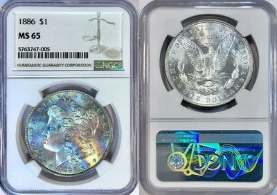 1886-P Morgan Silver Dollar NGC MS65 Gem Vibrant Ice Blue EOR Rainbow Toned - Image 1 of 4