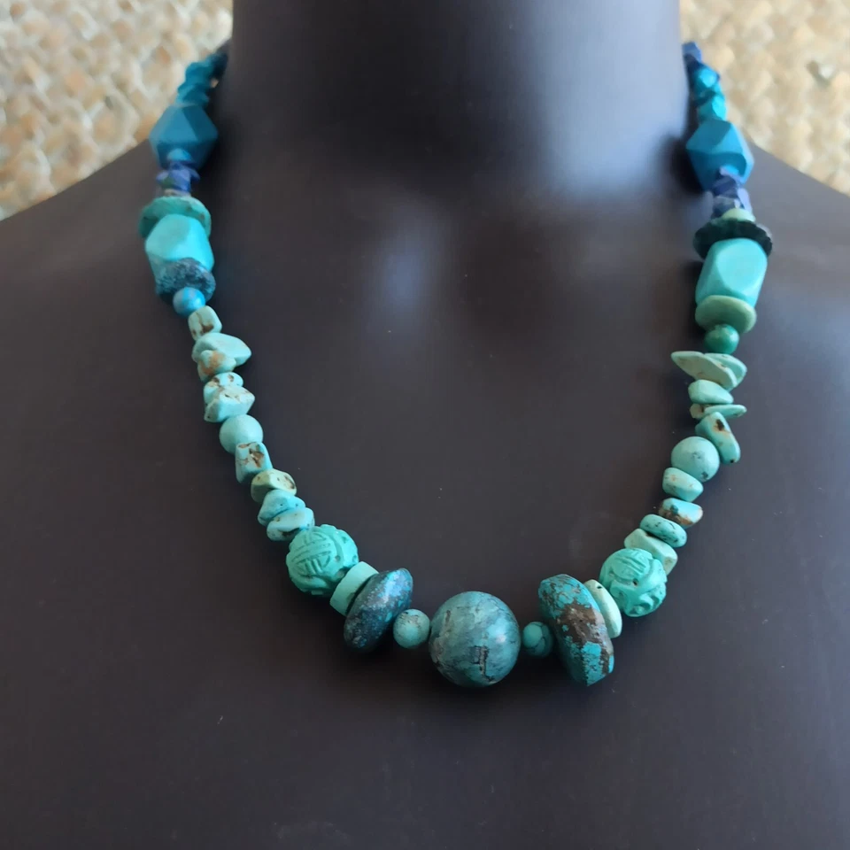 Natural Turquoise Bohemian Necklace Mala Carved Unisex Vintage OOAK Artisan Gift - Изображение 1 из 4