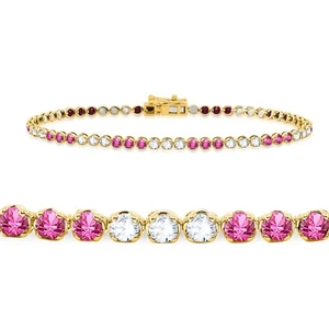 14K Yellow Gold 1.47Ct Natural Diamond & Natural Sapphire Tennis Bracelet 7" - Picture 1 of 5