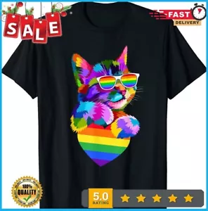 Proud Cute Cat Pride LGBT Transgender Flag Heart Gay Lesbian T-Shirt Size S-5XL - Picture 1 of 6