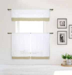 Cotton Shabby Chic White 3 Pc Curtain Set Taupe Pleated Ruffles Valance Tiers - Picture 1 of 1