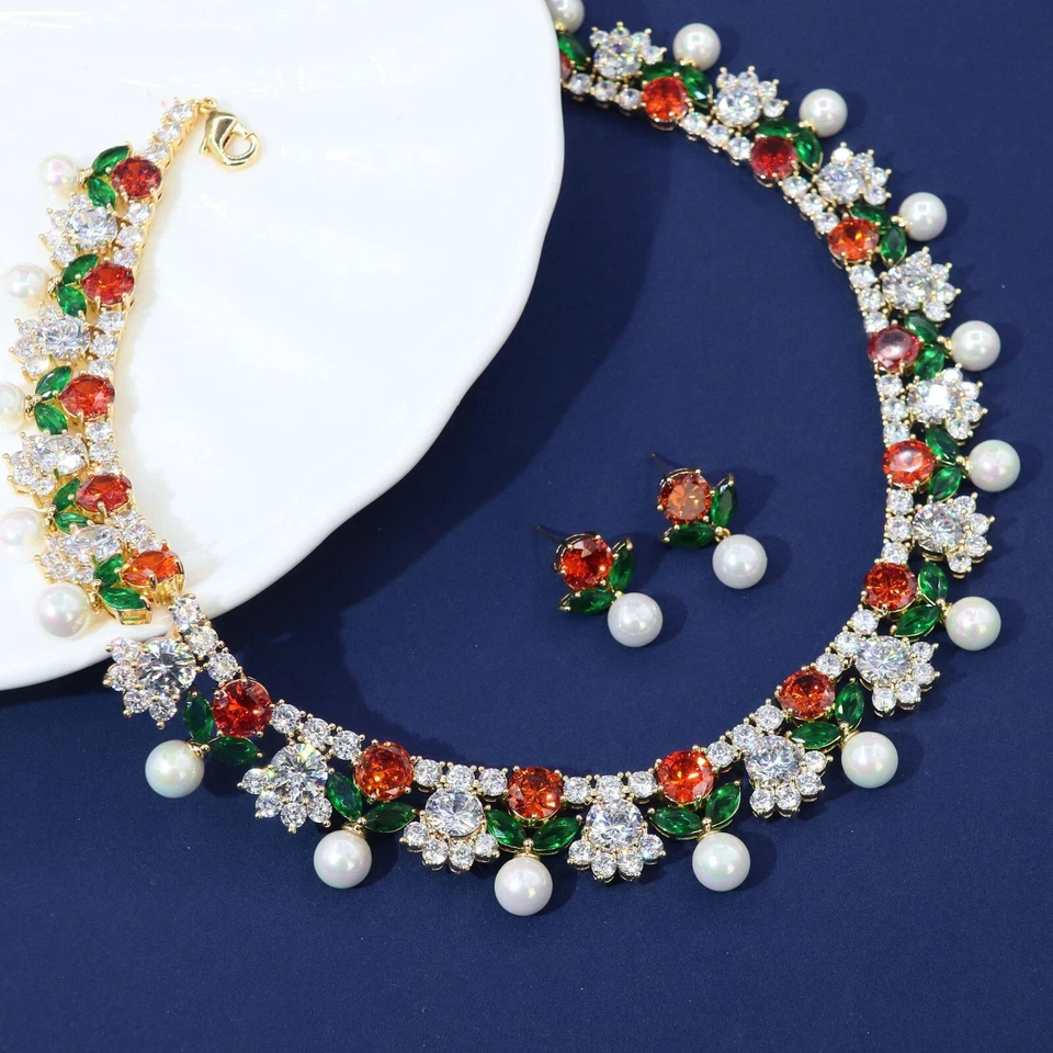 Luxury All CZ Cubic Zirconia Pearl Necklace Earrings Set For Women Bridal - Image 1 of 1