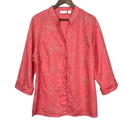 Camisa con botones Henley de lino Tweeds para mujer talla 1X rosa floral bordada Foto 1 de 4