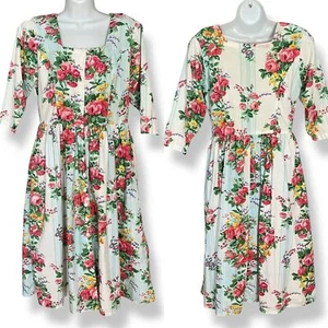 Vintage Floral Dress Starina Striped Floral Women Med 3/4 Length Sleeves Cotton - Picture 1 of 16