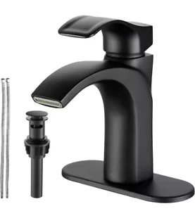 FBUKE Black Bathroom Faucet, Matte Black Single Hole Sink Faucet with Waterfall - Picture 1 of 8