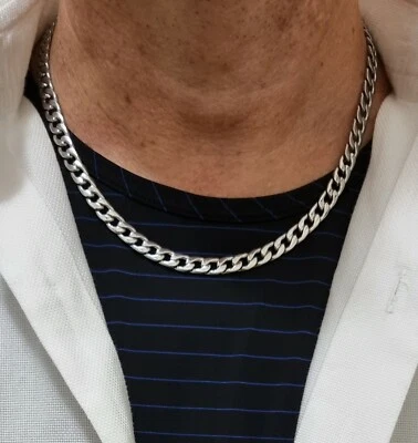 Collana da uomo catena acciaio inox catenina larga 7mm lunga 54cm HipHop Rapper - Immagine 1 di 4