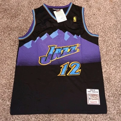 Camiseta deportiva de baloncesto XL John Stockton negra #12 Utah Jazz NBA recarga nueva Foto 1 de 2