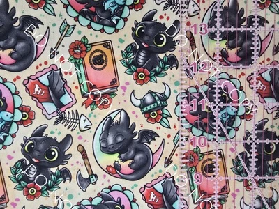 Tela tejida 100 % algodón personalizada boceto tren dragón 1/4 yarda 9x56 Foto 1 de 2