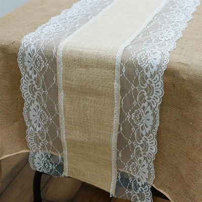 12 pcs LACE on NATURAL BURLAP 14x108" TABLE RUNNERS Wedding Party Linens SALE - Image 1 of 3