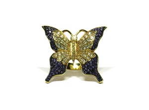 Purple and Clear Rhinestone Gold Toned Butterfly Statement Cocktail Ring Size 8 - Picture 1 of 8