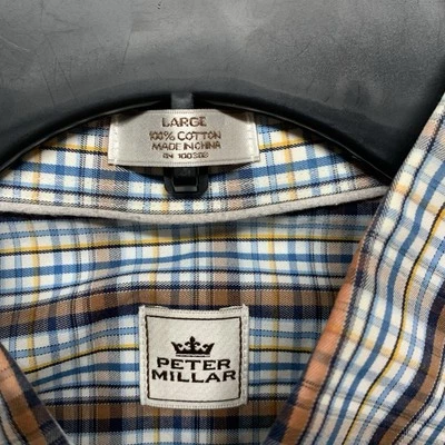 Camisa Peter Millar Para Hombre Talla L Marrón Azul Blanco Cuadros Abotonada Manga Larga Foto 1 de 4