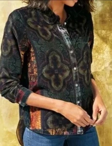 Soft Surroundings 1X 2X Velvet Via Panoramica Shirt Black Patchwork 52” READ - Picture 1 of 13