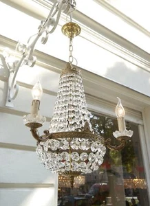 KLEINER KRONLEUCHTER ALTER CHARM MESSING KORB GLAS GEBRAUCHT LAMPE 3 LICHTER - Bild 1 von 15