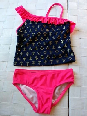 Circo Girls Size Extra Small 4/5 Coral And Navy Blue Tankini With Anchors - Image 1 of 4