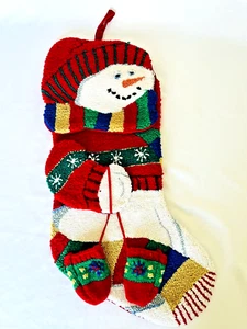 Vintage Crystal Snow Christmas Stocking Needlepoint Snowman Mittens Socks 20" - Picture 1 of 9