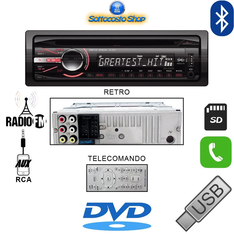 AUTORADIO FRONTALINO ESTRAIBILE BLUETOOTH 1 DIN STEREO AUTO DVD AUX MP3 SD USB - Immagine 1 di 3