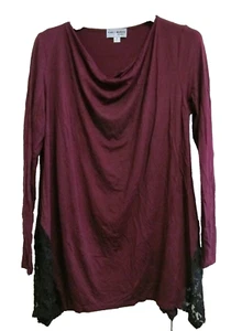 Kate & Mallory Langarm Sharkbite Spitzensaum Wasserfallausschnitt Top Burgund Größe L - Bild 1 von 3