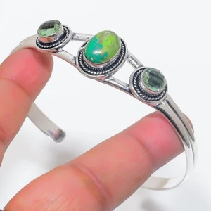 Green Turquoise Gemstone Handmade 925 Sterling silver Adjustable Cuff Bracelet - Picture 1 of 1