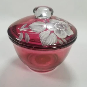 Zipf’s Candies Reading PA Hand Painted Cranberry Glass Lidded Candy Dish Floral - Picture 1 of 13