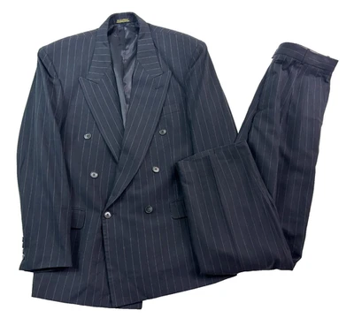 vtg 90s Navy Blue Chalk Stripe 42R 36x31 2pc Pant Suit Double Breasted Pleated - Image 1 of 4