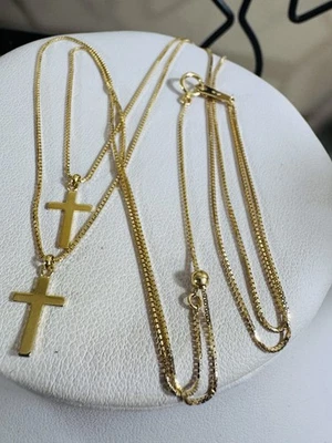 Colar cruzado sólido 18K K18 fino genuíno Japão camada de ouro real 16” de comprimento 3,6g - Imagem 1 de 4