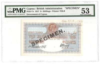 CYPRUS  5 Shillings  1917  P:7s  aUNC (53 PMG)  "SPECIMEN"  Very Rare - Image 1 of 2