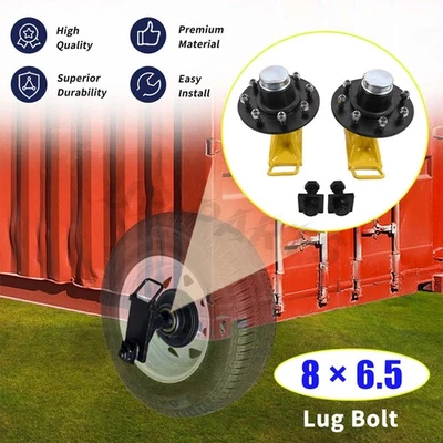 Pair 8 x 6.5 Lug 9000LB Yellow Shipping Container Wheels, Bolt-on Spindle Kit US - Image 1 of 4