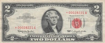 USA   ** $2  1963  Series  * - A   Red Seal  Circulated Banknote  DTx3 - Image 1 of 2