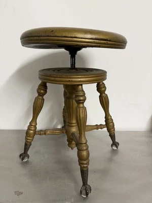 Antiguo taburete de piano de madera victoriano patas de bola de vidrio asiento ajustable Foto 1 de 4