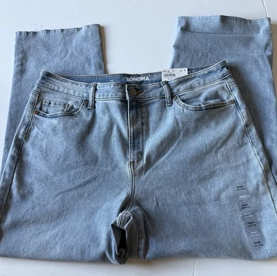 Jeans jeans Sonoma feminino novo com etiquetas tamanho 14 azul claro cropped 26" costura interna cintura alta desgastado - Imagem 1 de 2