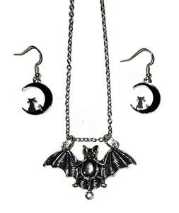 Fledermaus und KATZE Halloween Halskette Draht Ohrringe Schmuckset Kleidung Accessoire SALE - Bild 1 von 5