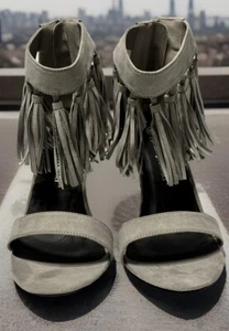 Stewart Women's Gray Suede Zip Fringe Stiletto High Heel Shoes Gladiator Sz 10 W - Picture 1 of 8
