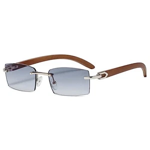 Rimless Silver Frame Woodgrain Women's Mens Trendy Blue Gray Tinted Sunglasses - Picture 1 of 3