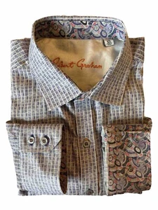 ROBERT GRAHAM Hemd blau kariert Paisley Print Herren XL Baumwolle Flip Cuff - Bild 1 von 5