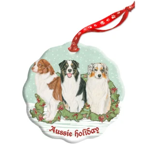 Australian Shepherd Holiday Porcelain Christmas Tree Ornament Double-Sided - Picture 1 of 2