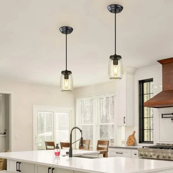 1-Light Farmhouse Mason Jar Kitchen Island Pendant Light Black PL001BK