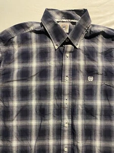 Cinch mens L 100% Cotton Navy Blue Checked Oxford S/S button down shirt Rodeo - Picture 1 of 10